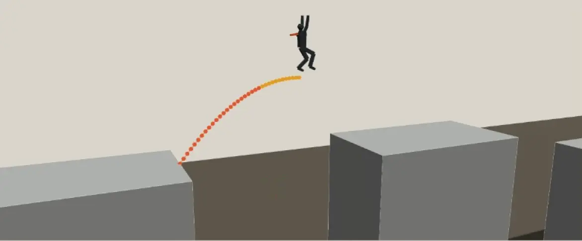 A grey figure mid-jump between two blocks, with its arc traced in dots.